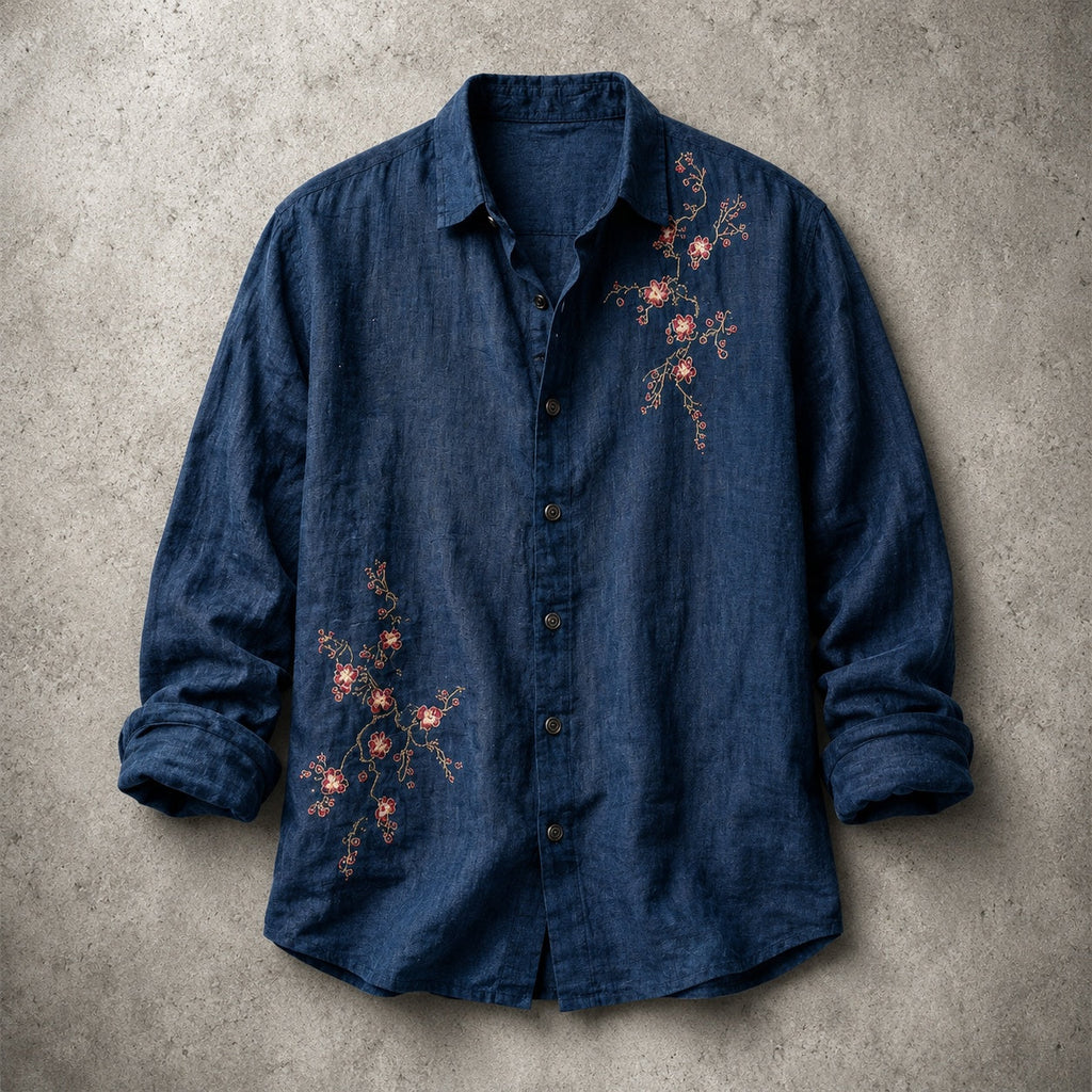 Arnau | Camisa de Lino de Manga Larga Hombre Bordado Floral