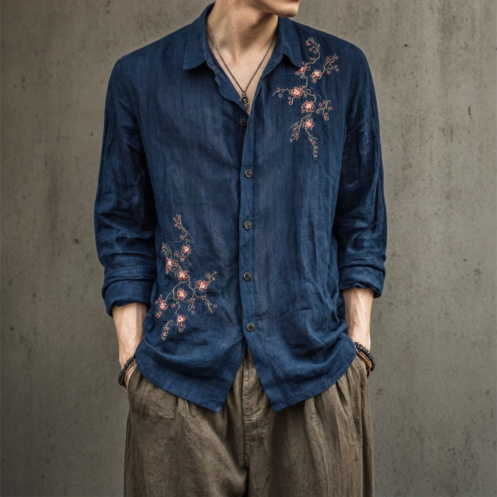 Arnau | Camisa de Lino de Manga Larga Hombre Bordado Floral