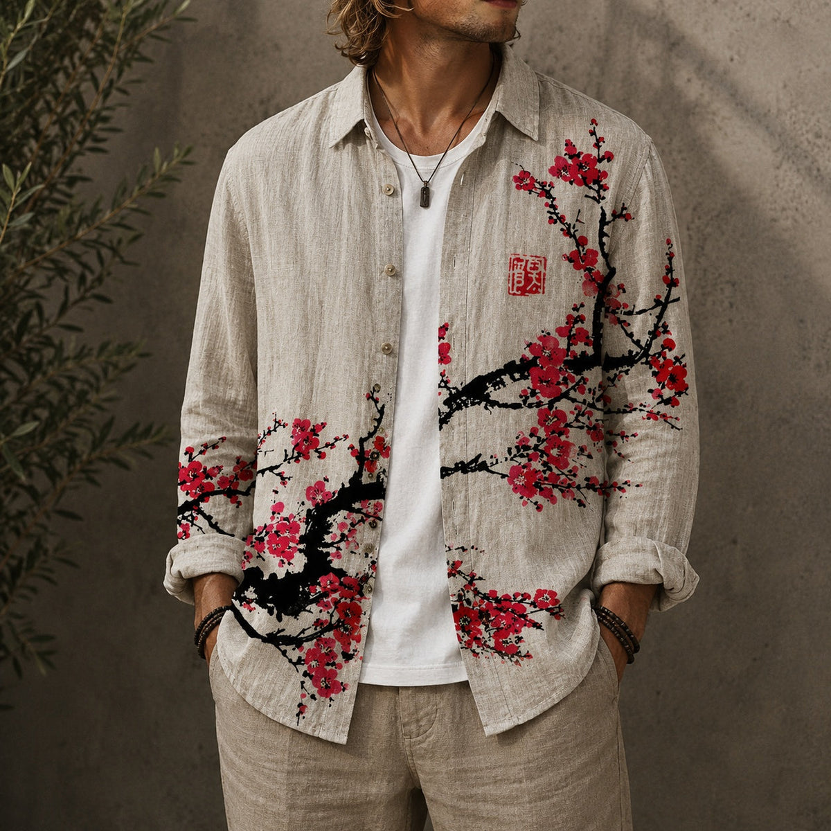 Arnau | Camisa de Lino de Manga Larga Hombre Bordado Floral