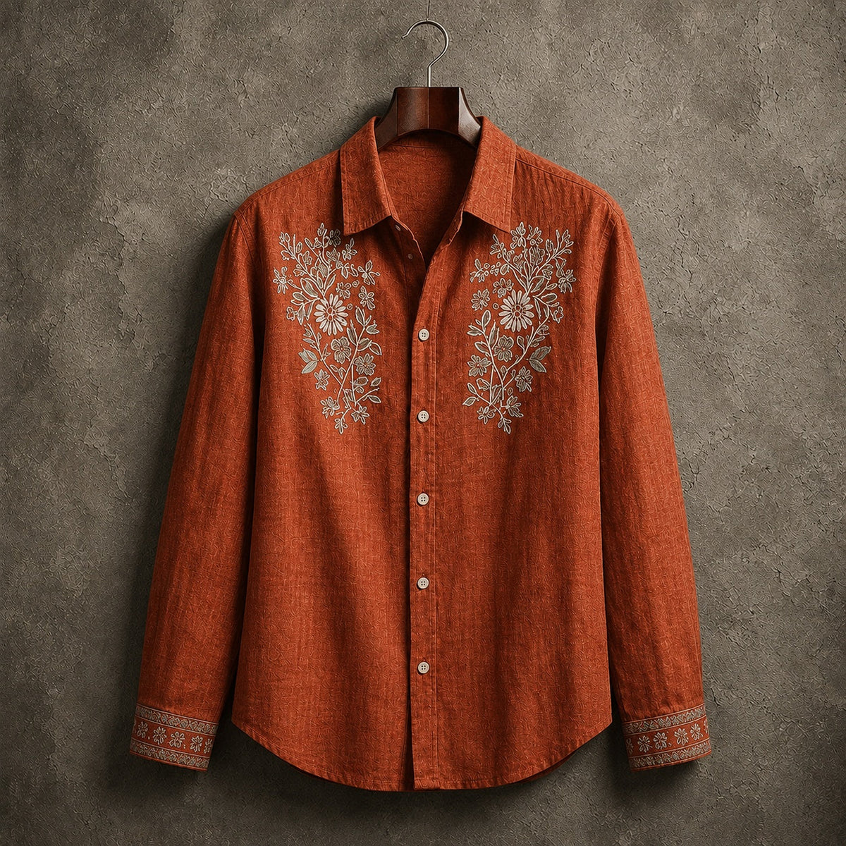 Arnau | Camisa de Lino de Manga Larga Hombre Bordado Floral
