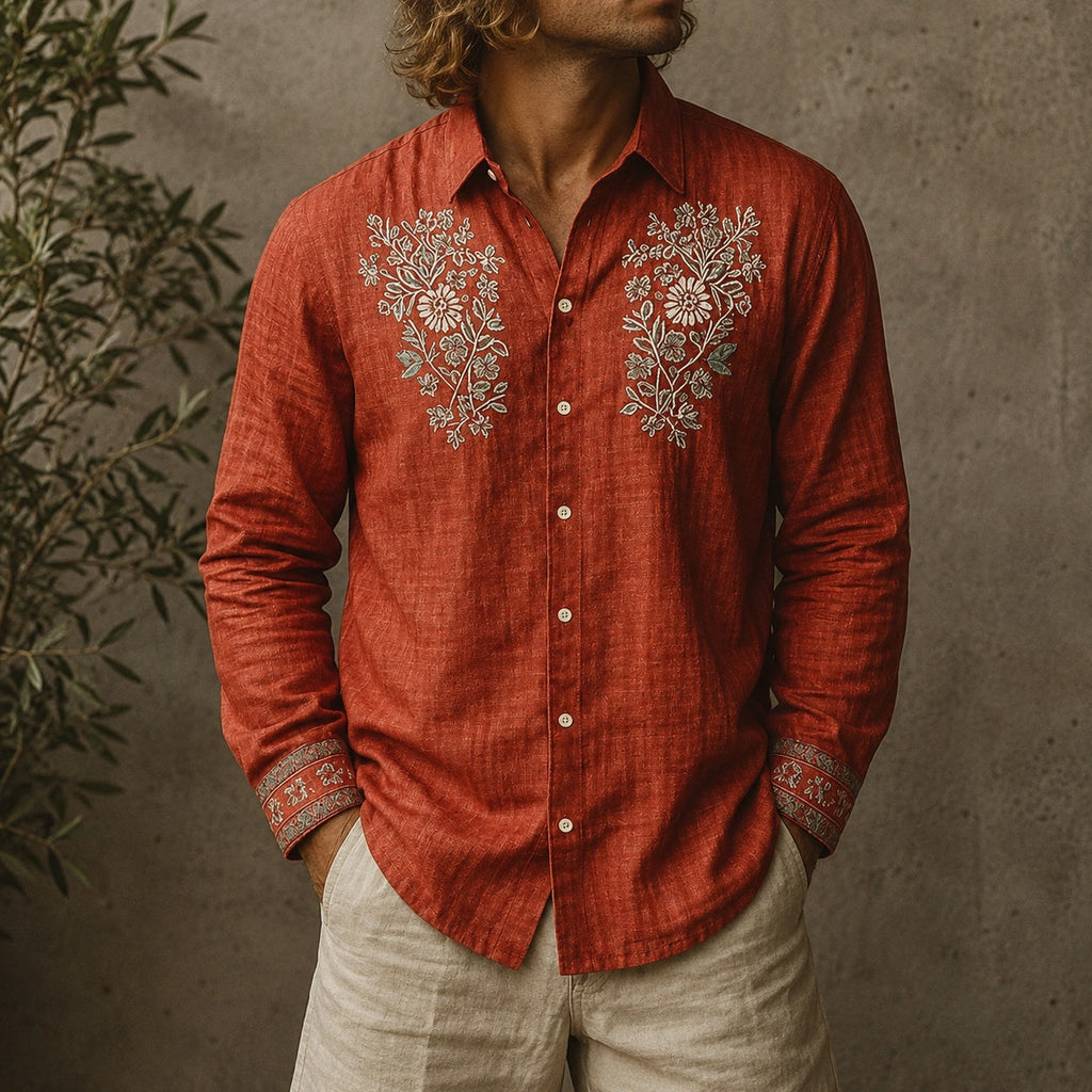 Arnau | Camisa de Lino de Manga Larga Hombre Bordado Floral
