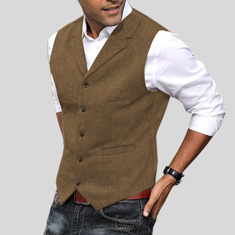 Nuvara | Arturo | Chaleco de Tweed Espiga Hombre Cuello Solapa Botones