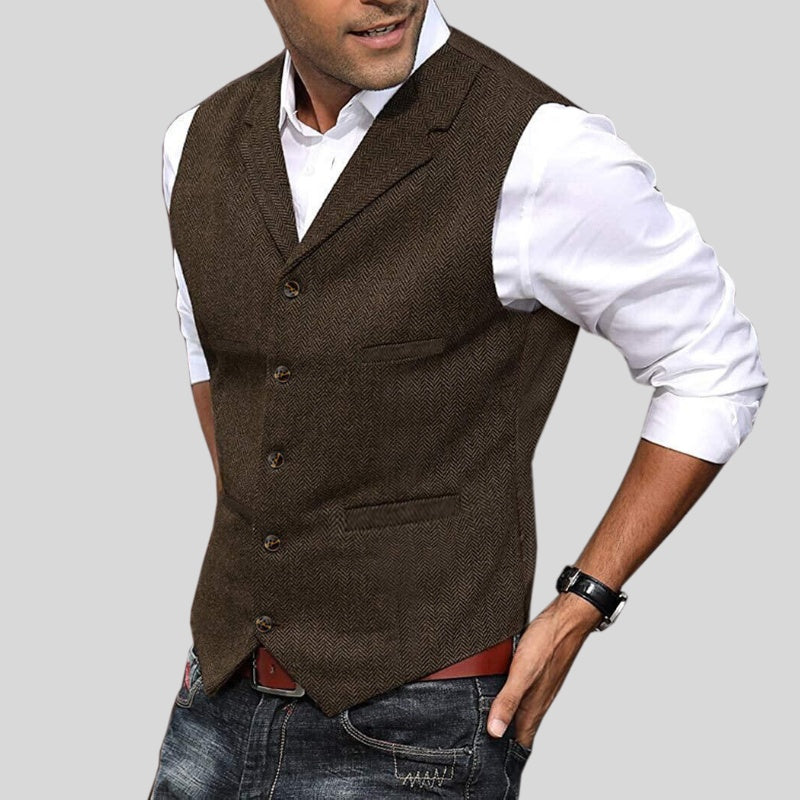 Nuvara | Arturo | Chaleco de Tweed Espiga Hombre Cuello Solapa Botones