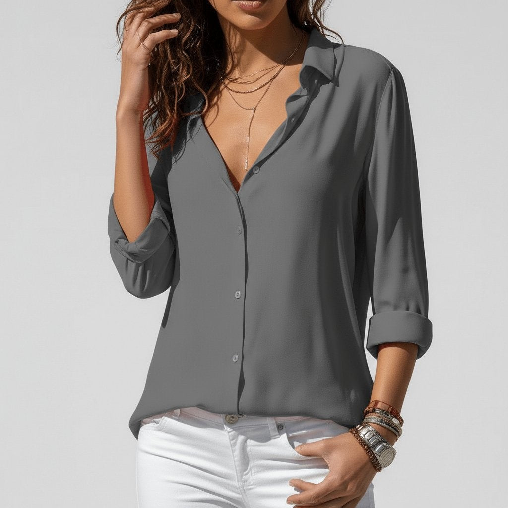 Beatriz | Camisa Blanca de Manga Larga Mujer Botones Cuello Solapa