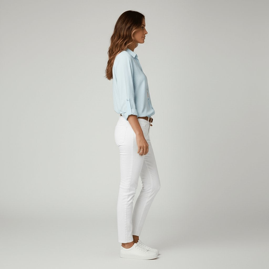 Beatriz | Camisa Blanca de Manga Larga Mujer Botones Cuello Solapa
