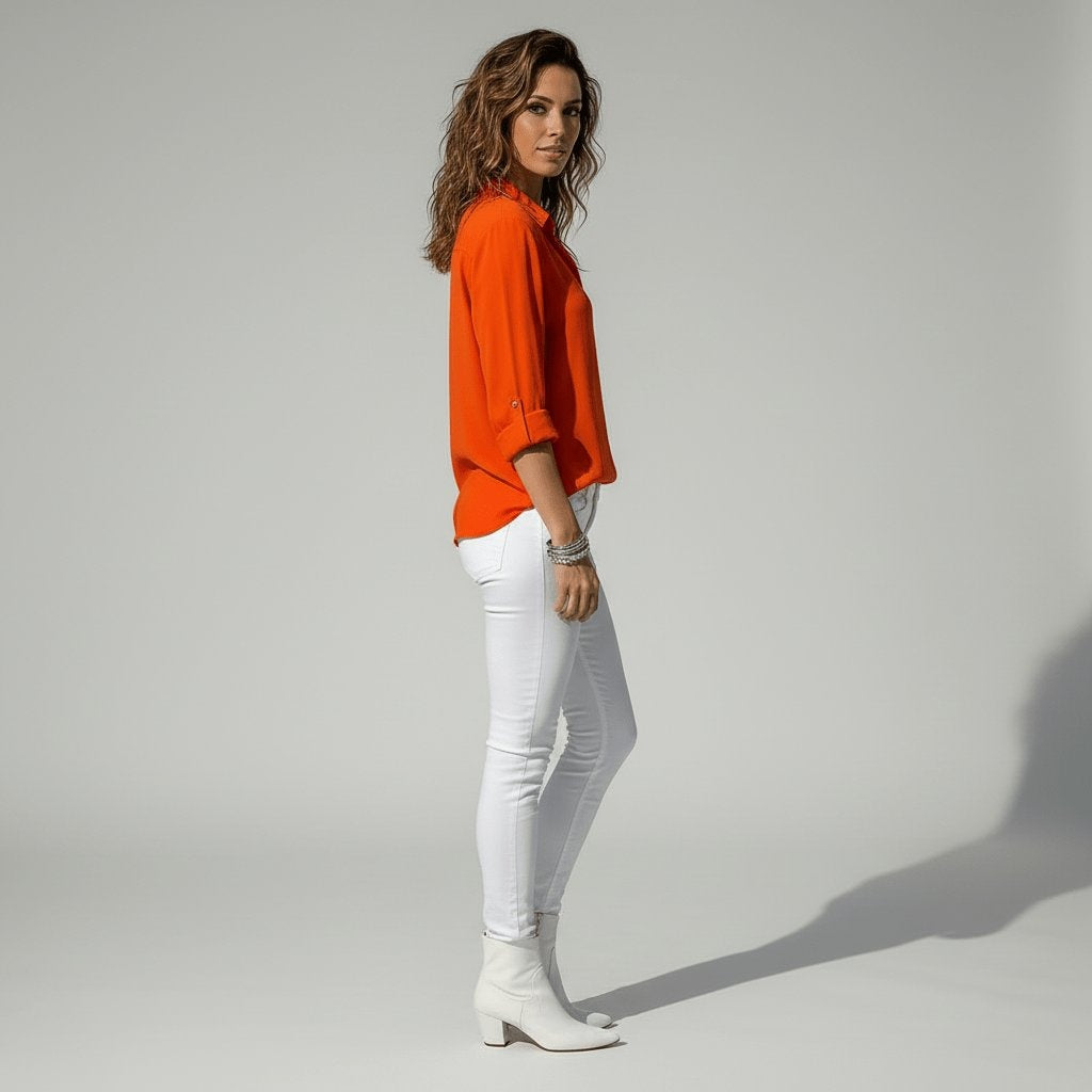 Beatriz | Camisa Blanca de Manga Larga Mujer Botones Cuello Solapa