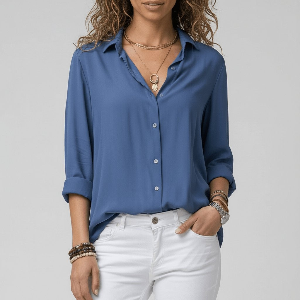 Beatriz | Camisa Blanca de Manga Larga Mujer Botones Cuello Solapa