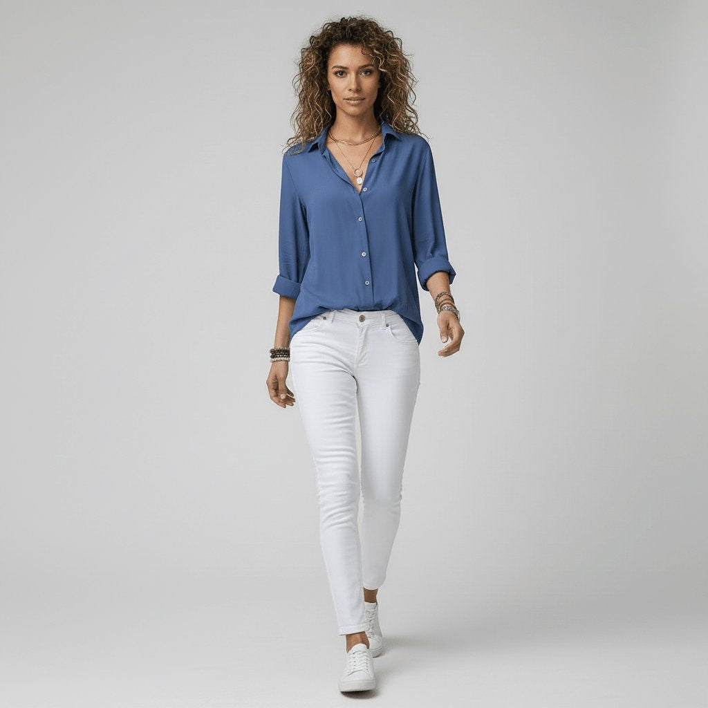 Beatriz | Camisa Blanca de Manga Larga Mujer Botones Cuello Solapa