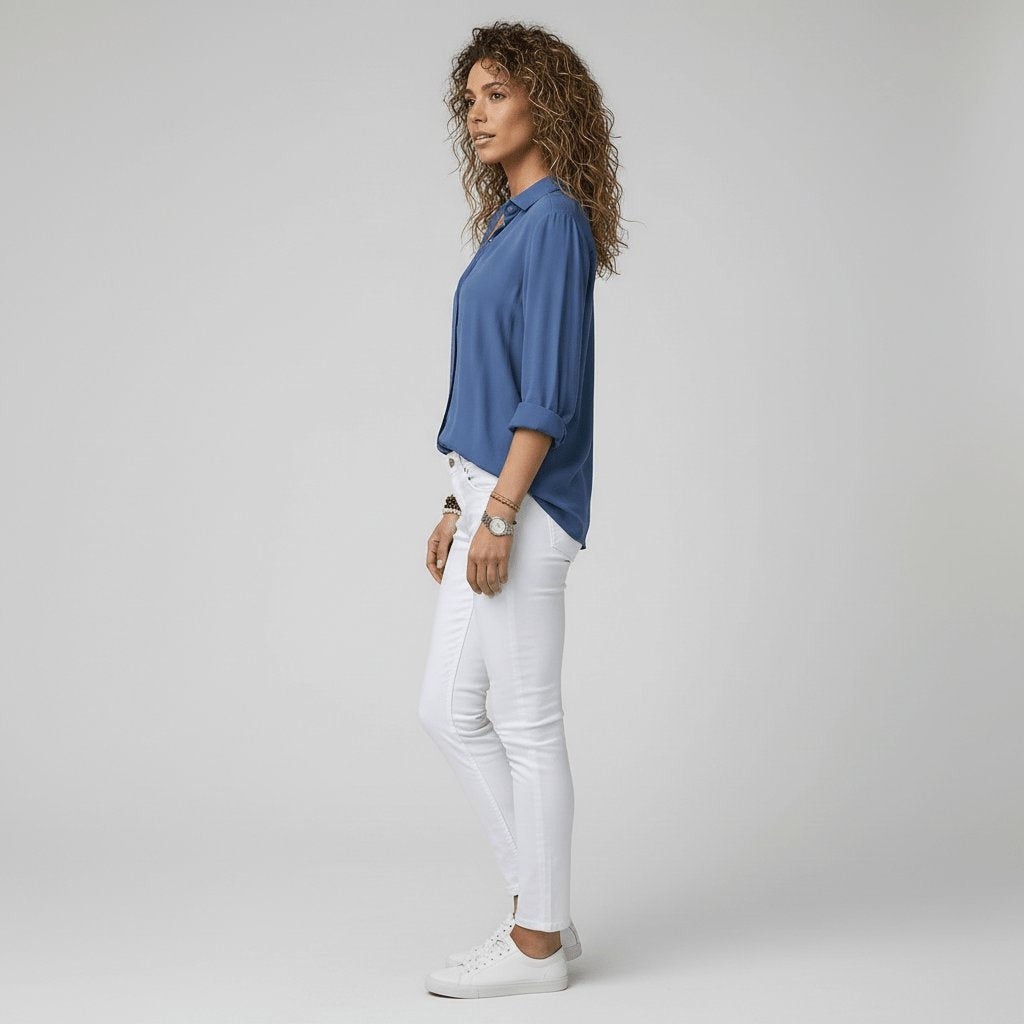 Beatriz | Camisa Blanca de Manga Larga Mujer Botones Cuello Solapa