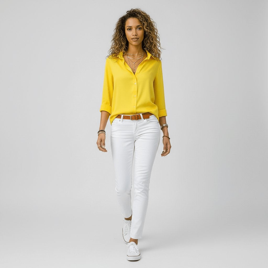Beatriz | Camisa Blanca de Manga Larga Mujer Botones Cuello Solapa