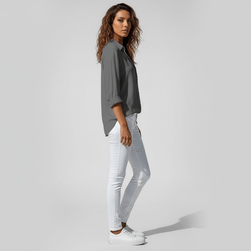 Beatriz | Camisa Blanca de Manga Larga Mujer Botones Cuello Solapa