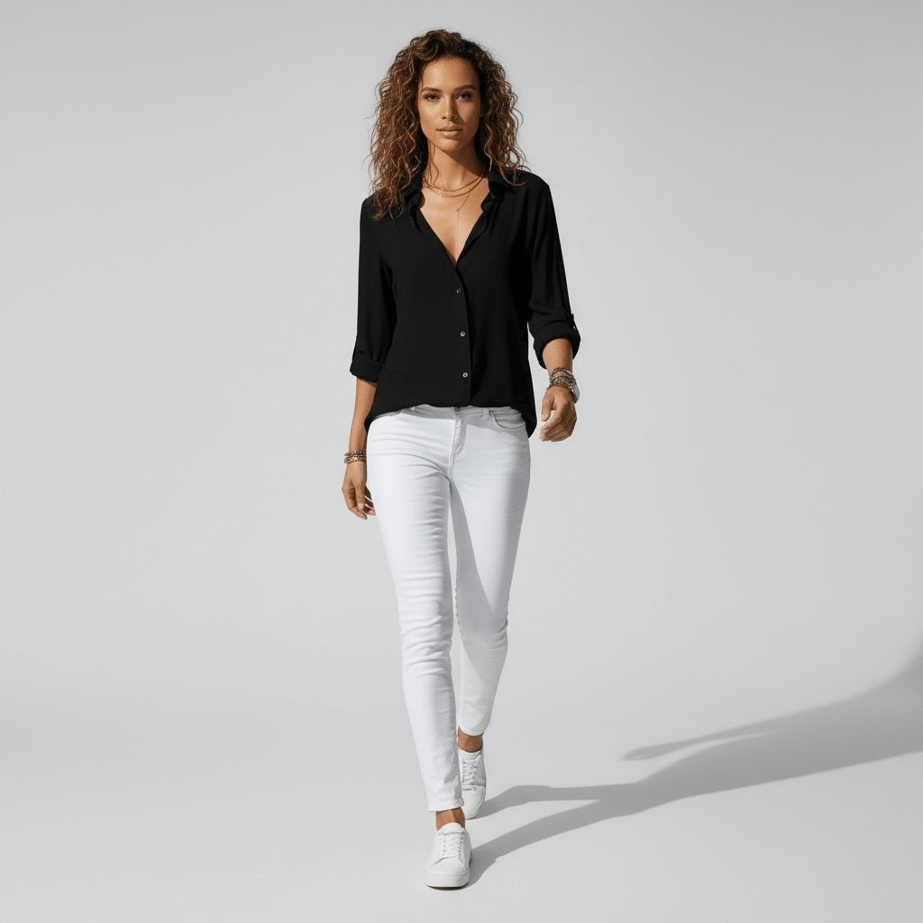 Beatriz | Camisa Blanca de Manga Larga Mujer Botones Cuello Solapa