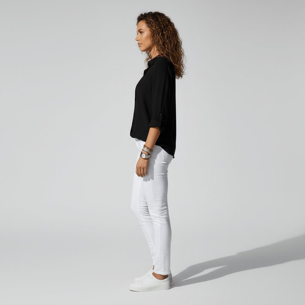 Beatriz | Camisa Blanca de Manga Larga Mujer Botones Cuello Solapa