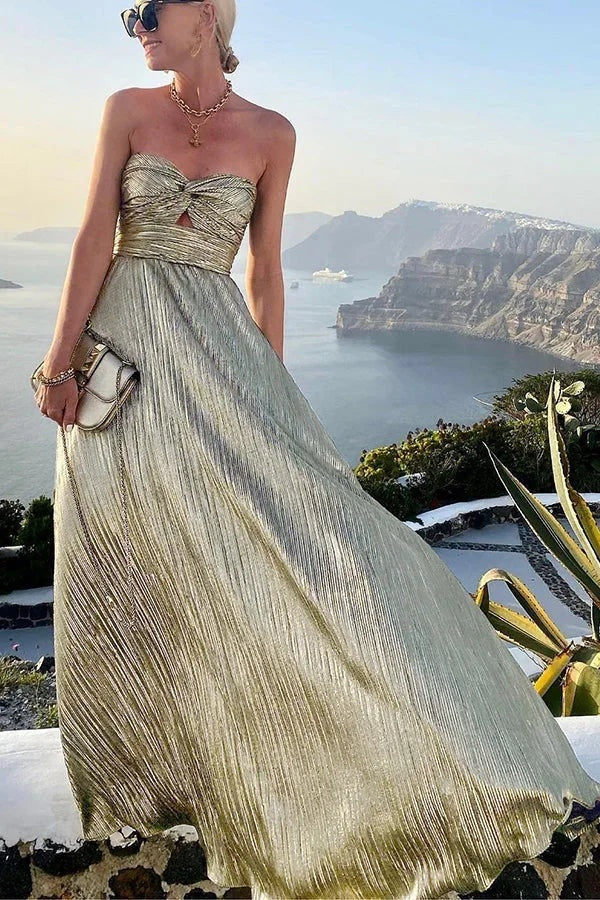 Nuvara | Beatriz | Vestido Largo Palabra de Honor Mujer Efecto Brillante Plisado