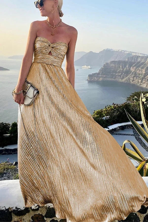 Nuvara | Beatriz | Vestido Largo Palabra de Honor Mujer Efecto Brillante Plisado