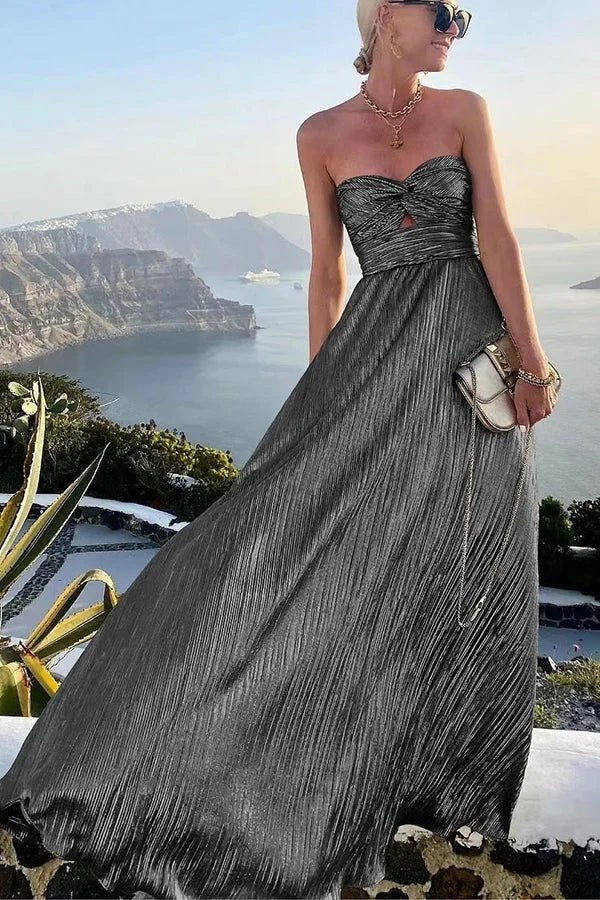 Nuvara | Beatriz | Vestido Largo Palabra de Honor Mujer Efecto Brillante Plisado