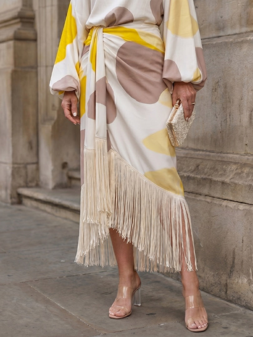 Nuvara | Beatriz | Vestido Midi Asimétrico de Un Hombro Mujer Flecos Manga Abullonada