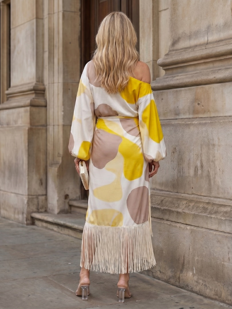 Nuvara | Beatriz | Vestido Midi Asimétrico de Un Hombro Mujer Flecos Manga Abullonada