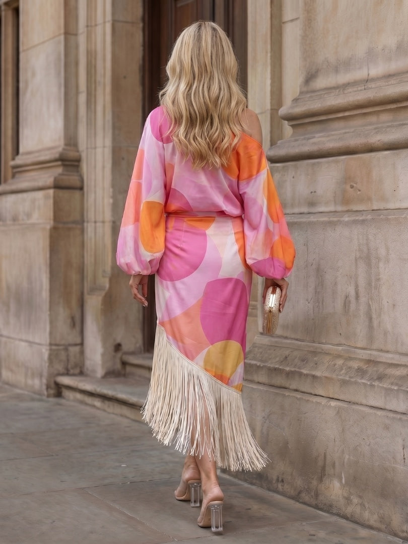 Nuvara | Beatriz | Vestido Midi Asimétrico de Un Hombro Mujer Flecos Manga Abullonada