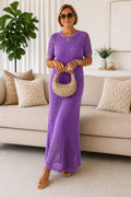 Nuvara | Berta | Vestido Largo de Verano Crochet Mujer Manga Corta Cuello Redondo