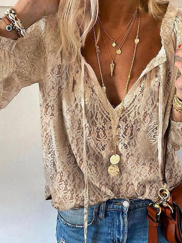Consuelo | Blusa de Encaje Escote V Mujer Manga Larga