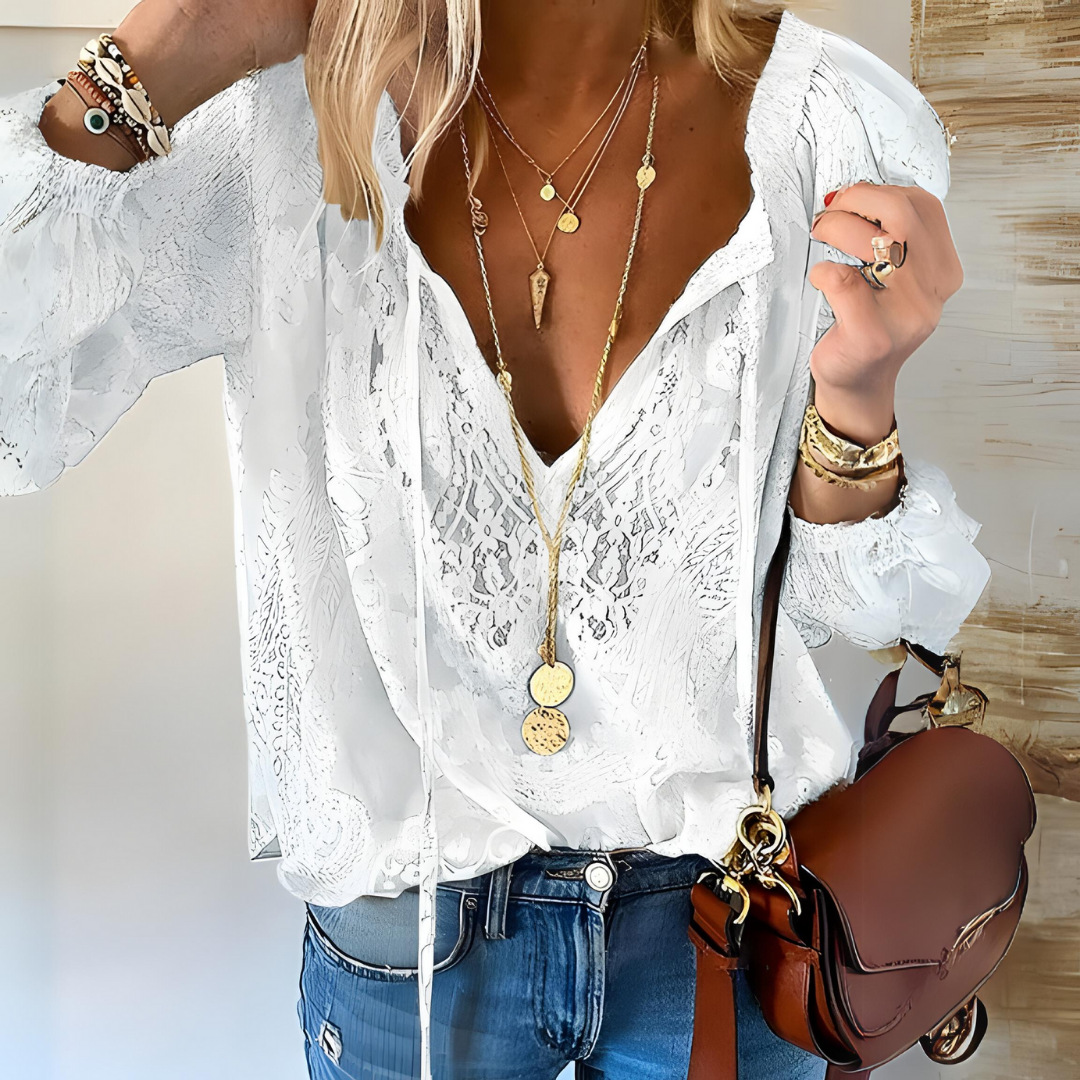 Consuelo | Blusa de Encaje Escote V Mujer Manga Larga