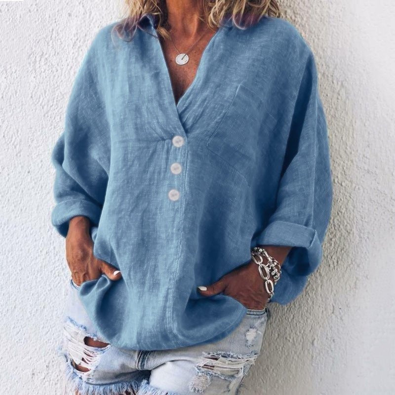 Amparo | Blusa de Lino con Botones Cuello V Mujer Oversized