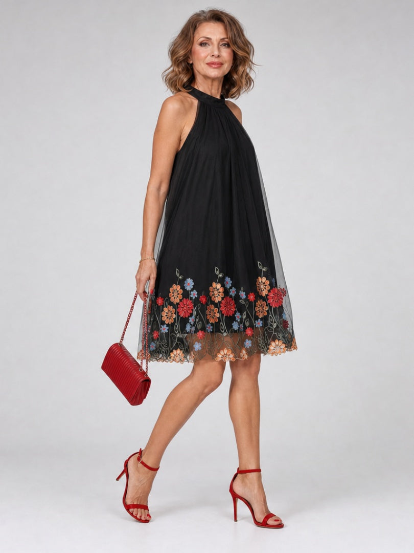 Nuvara | Candela | Vestido Corto Halter Bordado Floral Mujer Sin Mangas