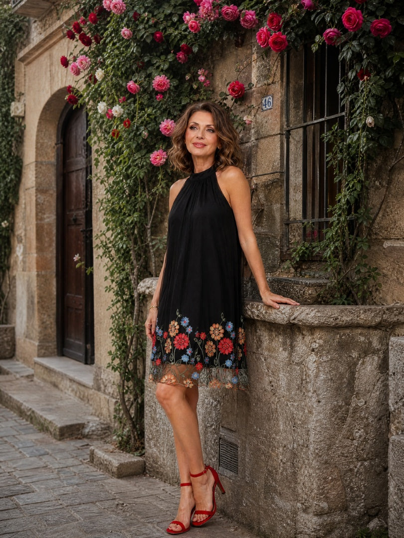 Nuvara | Candela | Vestido Corto Halter Bordado Floral Mujer Sin Mangas