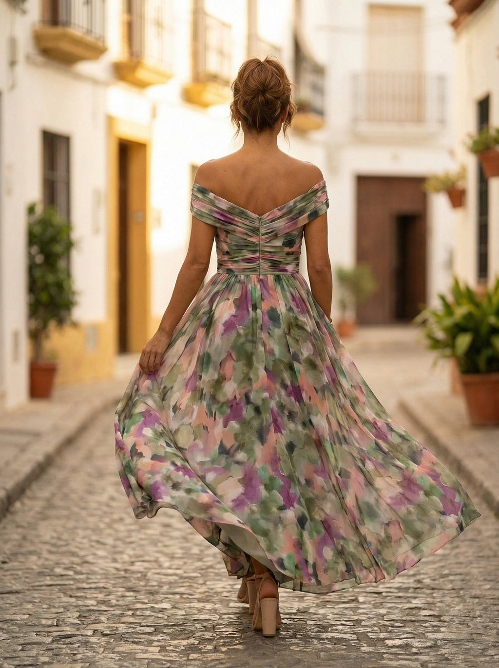 Nuvara | Carmela | Vestido Largo de Gala Hombros Descubiertos Mujer Plisado