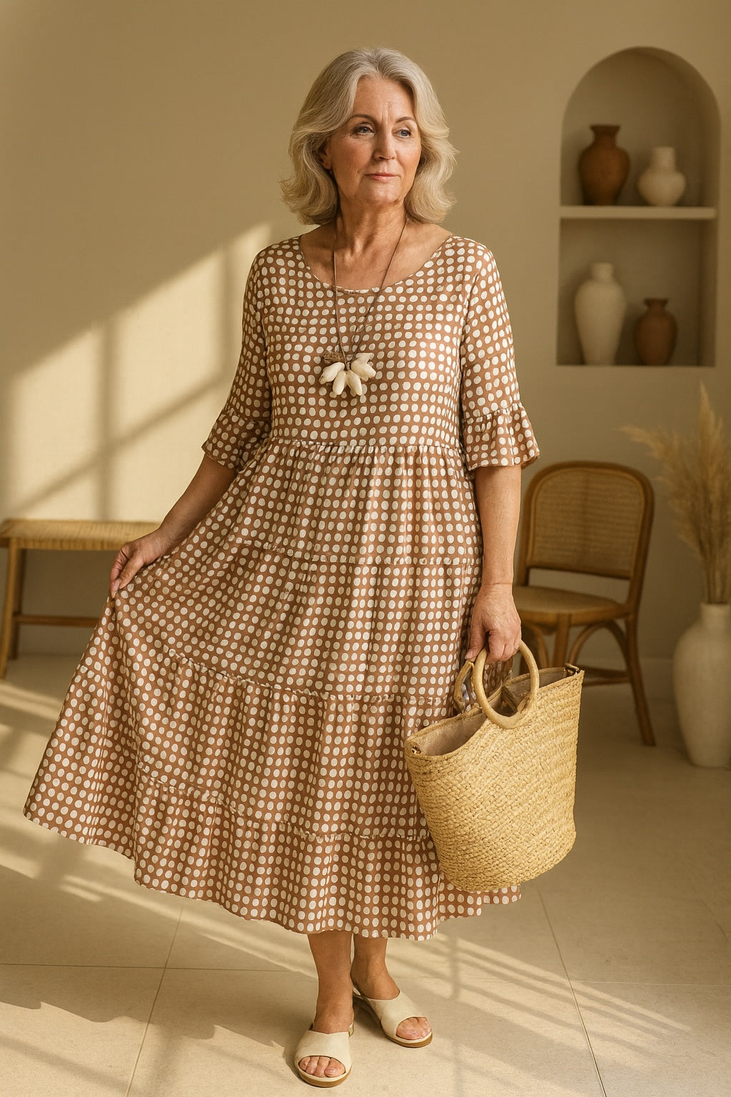 Nuvara | Carmen | Vestido Midi de Lunares Mujer Manga Corta Volantes