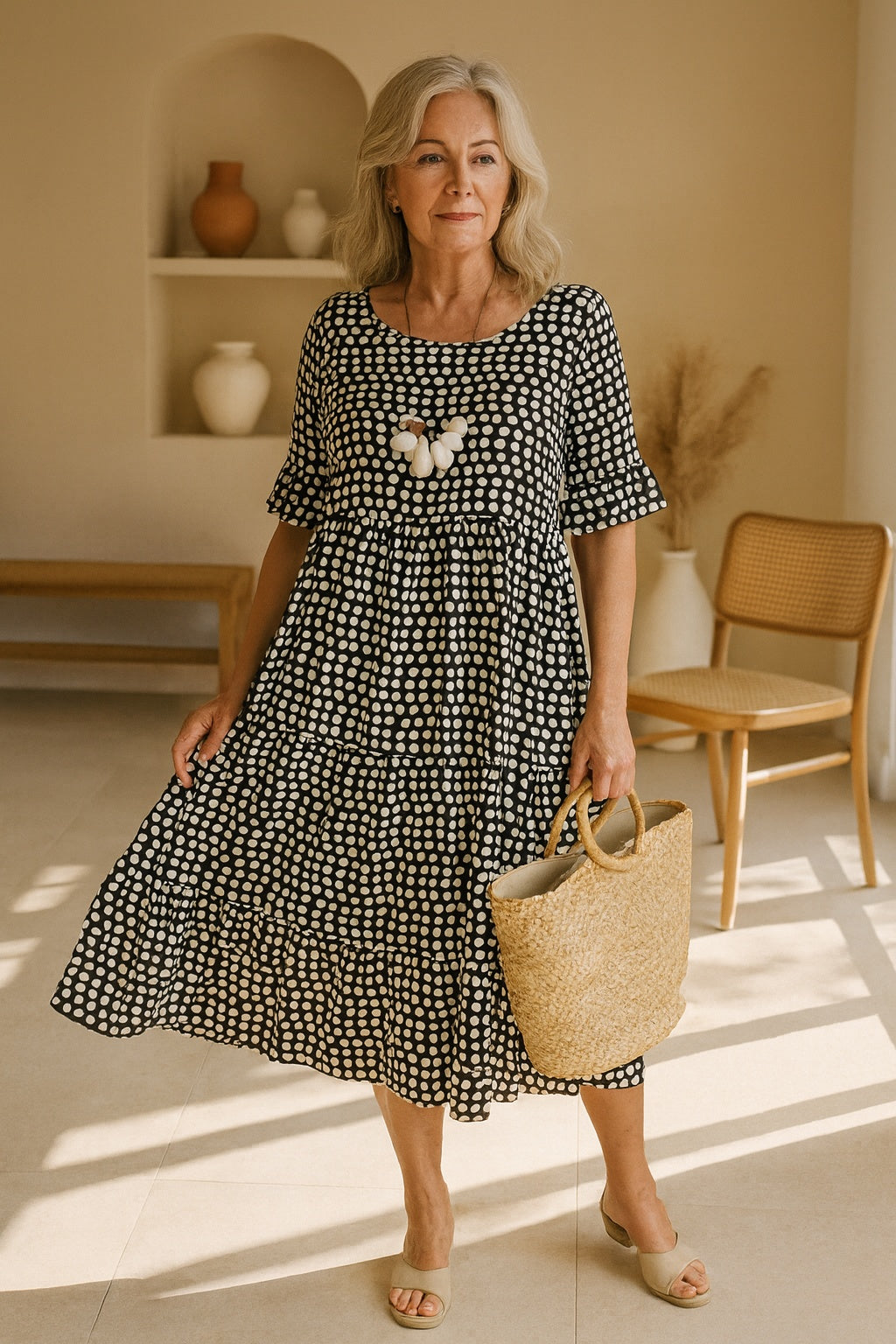 Nuvara | Carmen | Vestido Midi de Lunares Mujer Manga Corta Volantes