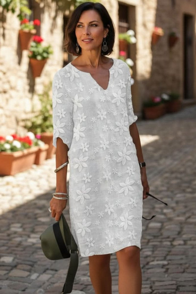 Nuvara | Catalina | Vestido de Invitada Otoño con Encaje Floral Mujer Escote V Manga Larga