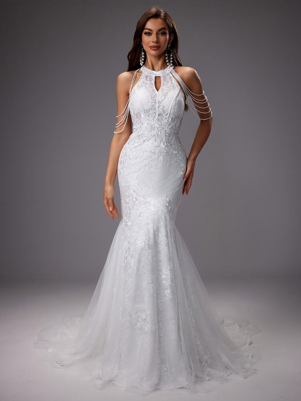 Nuvara | Catalina | Vestido de Novia Sirena Mujer Encaje Cuello Halter