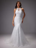 Nuvara | Catalina | Vestido de Novia Sirena Mujer Encaje Cuello Halter
