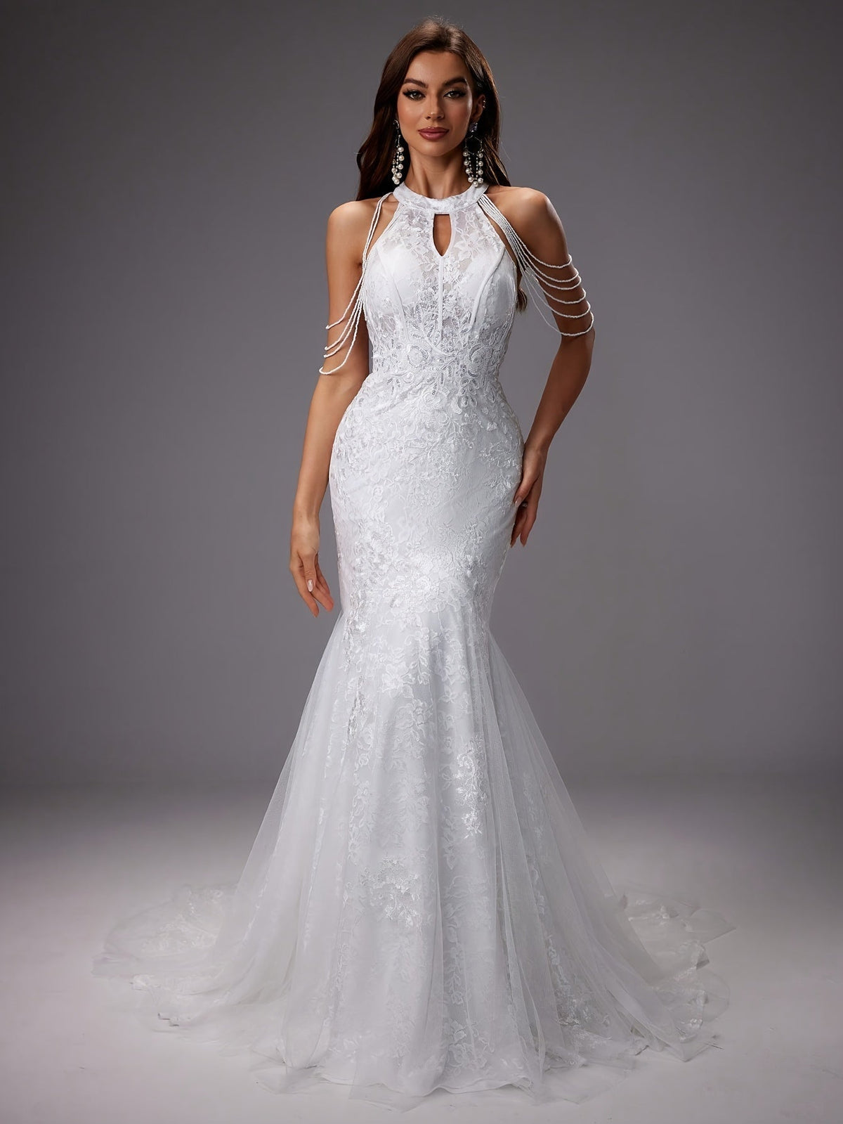 Nuvara | Catalina | Vestido de Novia Sirena Mujer Encaje Cuello Halter