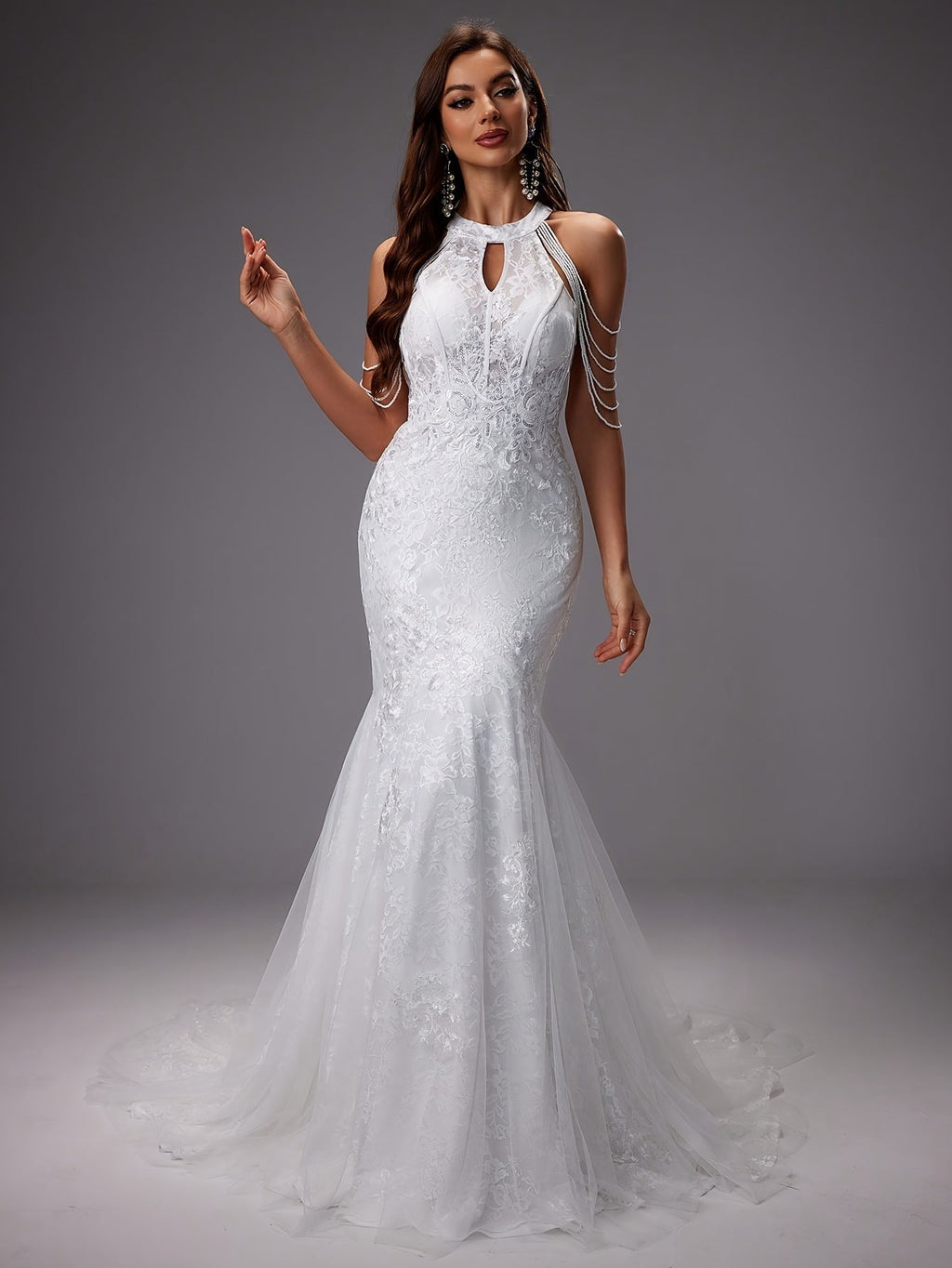 Nuvara | Catalina | Vestido de Novia Sirena Mujer Encaje Cuello Halter