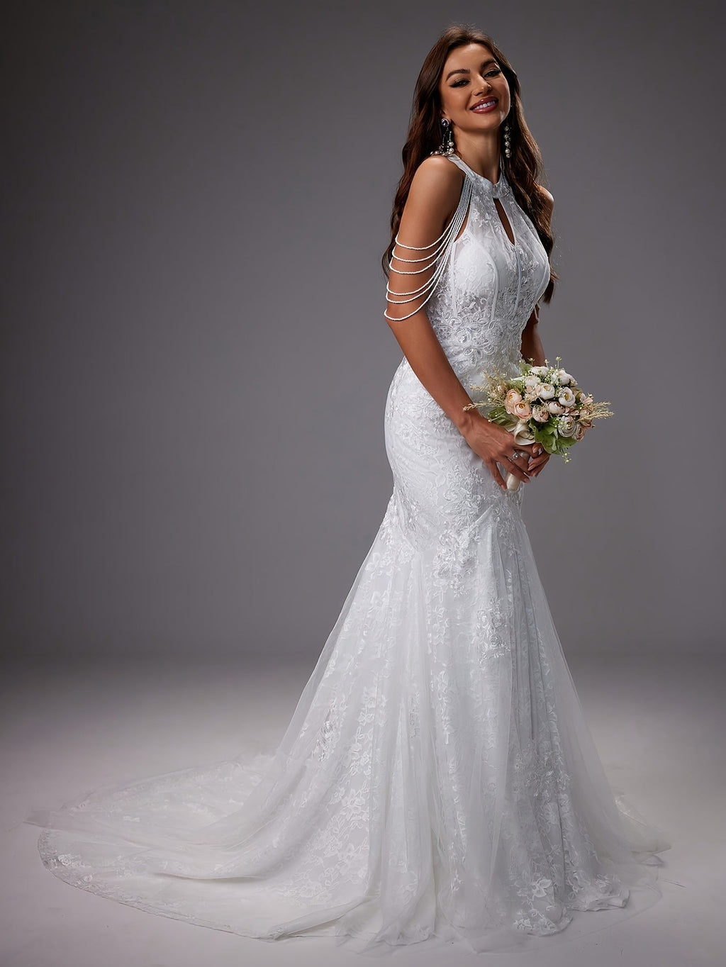 Nuvara | Catalina | Vestido de Novia Sirena Mujer Encaje Cuello Halter