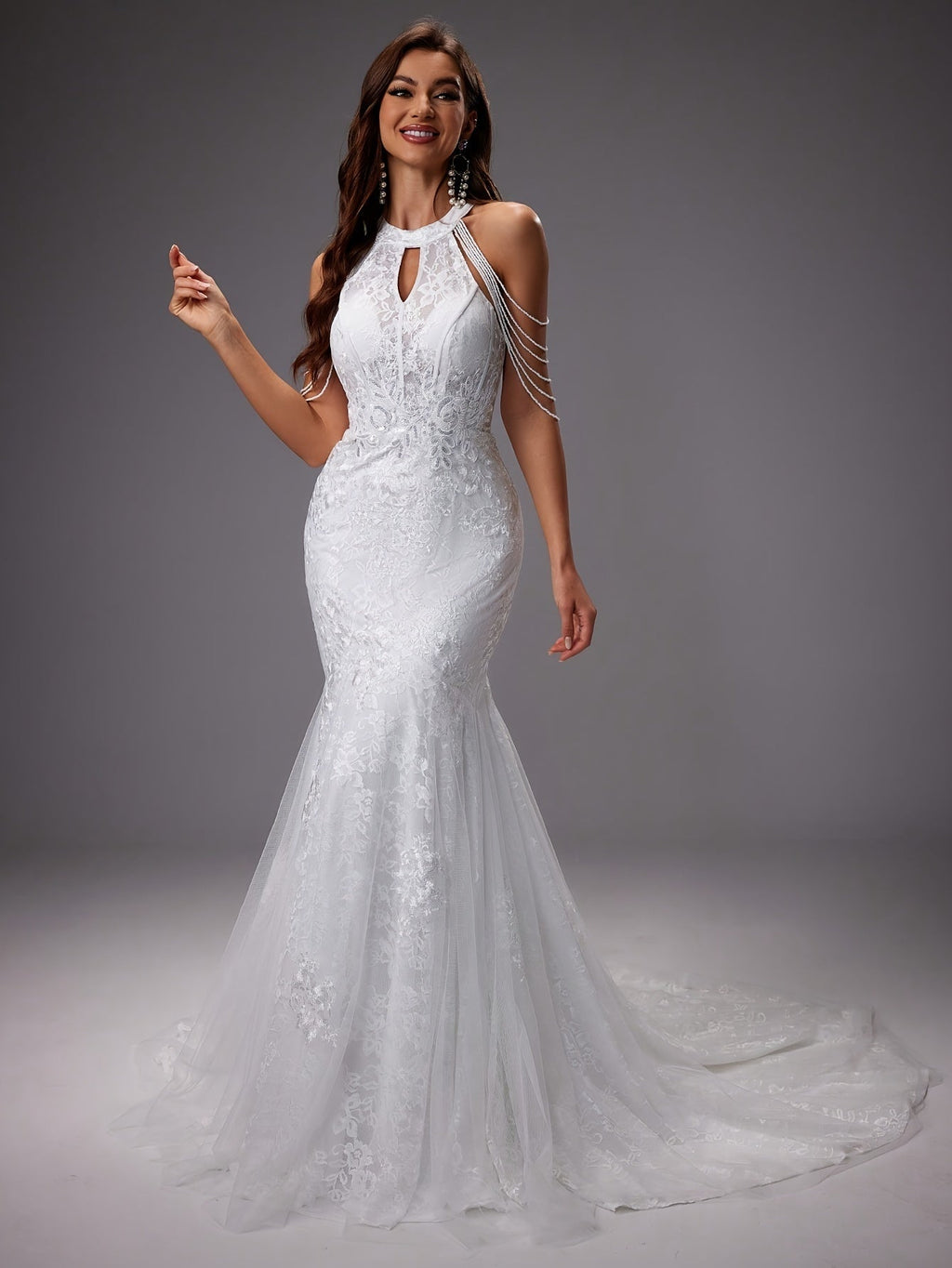 Nuvara | Catalina | Vestido de Novia Sirena Mujer Encaje Cuello Halter