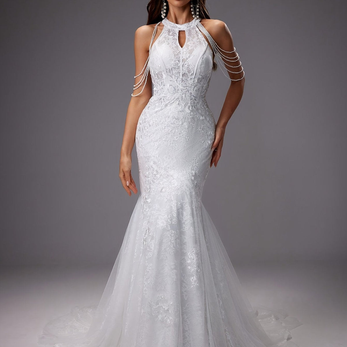 Nuvara | Catalina | Vestido de Novia Sirena Mujer Encaje Cuello Halter