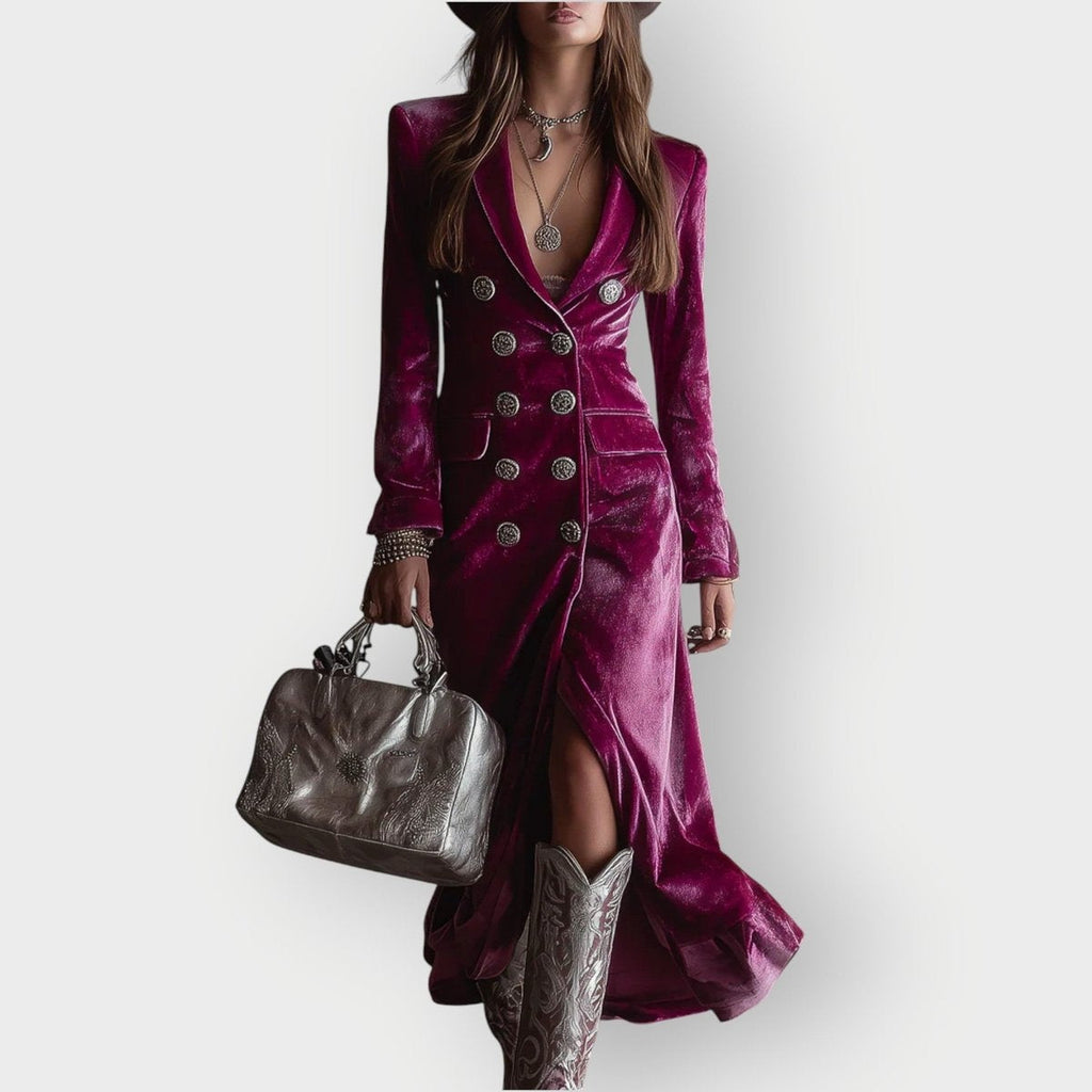 Nuvara | Cayetana | Vestido de Invitada Invierno de Terciopelo Mujer Manga Larga Doble Botonadura