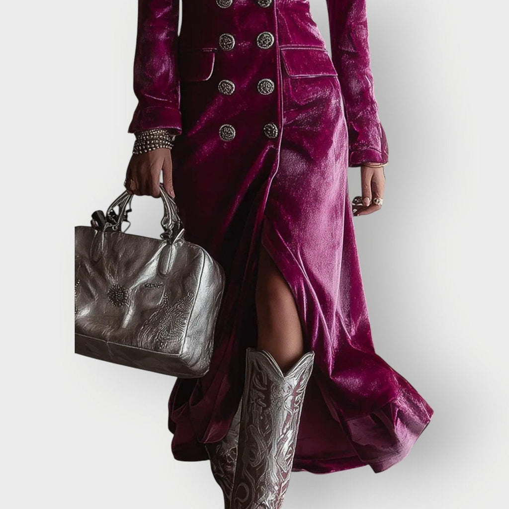 Nuvara | Cayetana | Vestido de Invitada Invierno de Terciopelo Mujer Manga Larga Doble Botonadura