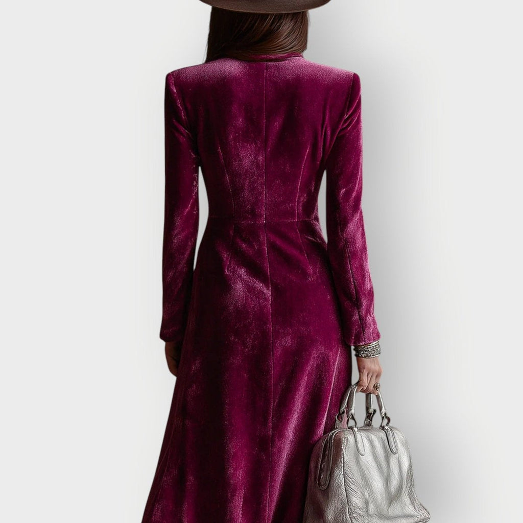 Nuvara | Cayetana | Vestido de Invitada Invierno de Terciopelo Mujer Manga Larga Doble Botonadura