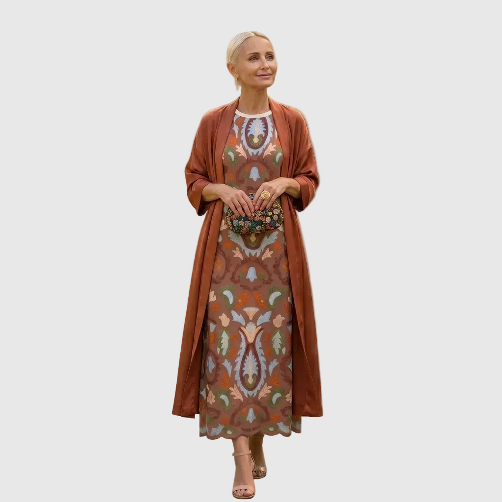 Nuvara | Cayetana | Vestido Invitada Invierno Midi Estampado Mujer con Duster a Juego