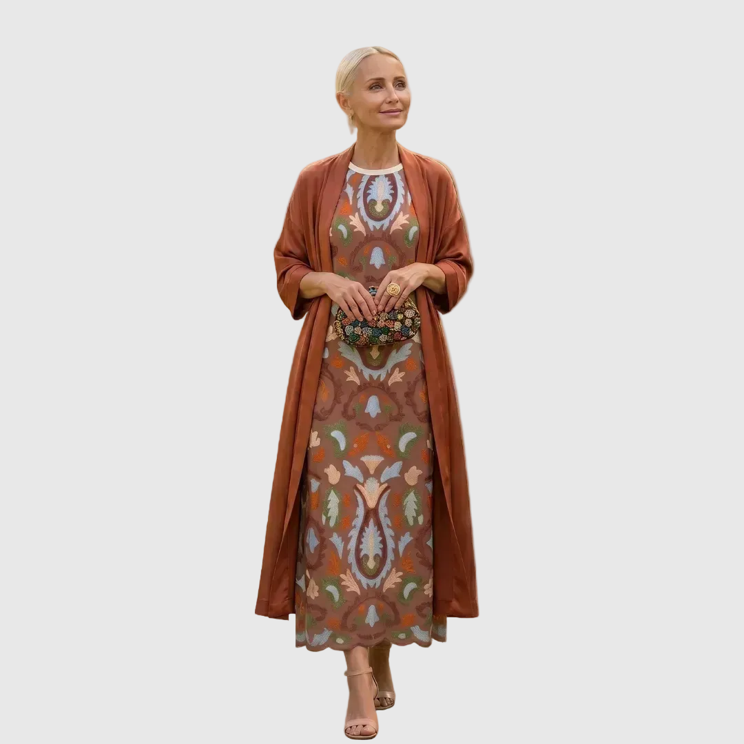 Nuvara | Cayetana | Vestido Invitada Invierno Midi Estampado Mujer con Duster a Juego