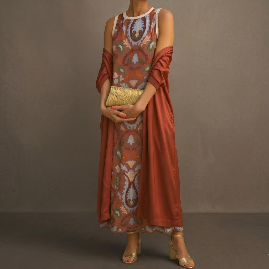 Nuvara | Cayetana | Vestido Invitada Invierno Midi Estampado Mujer con Duster a Juego
