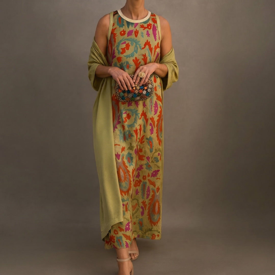 Nuvara | Cayetana | Vestido Invitada Invierno Midi Estampado Mujer con Duster a Juego