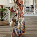 Nuvara | Cayetana | Vestido Largo Boho Mujer Manga Corta Escote V Abertura Lateral