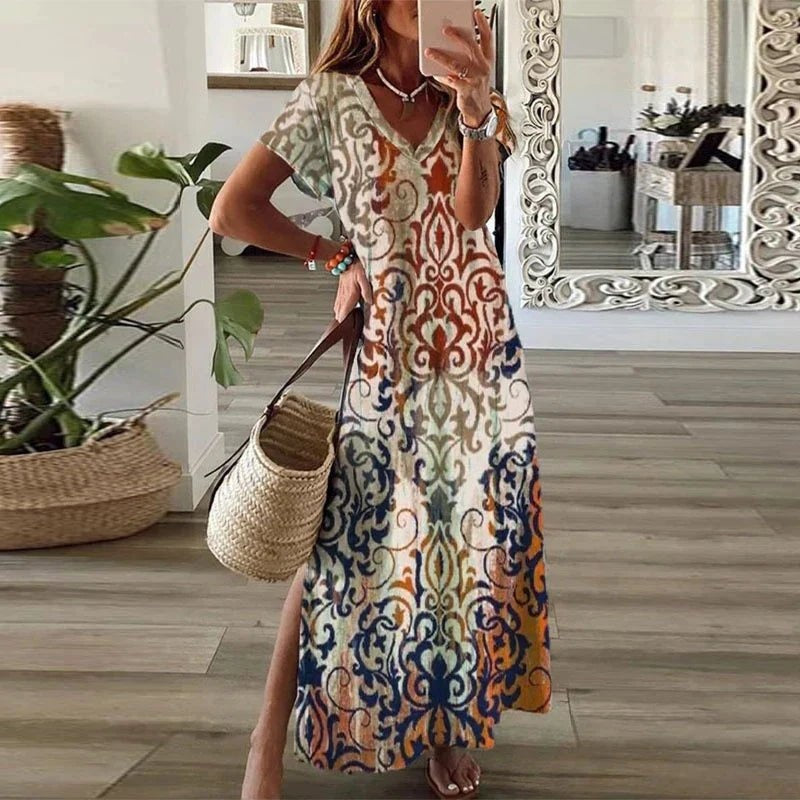 Nuvara | Cayetana | Vestido Largo Boho Mujer Manga Corta Escote V Abertura Lateral
