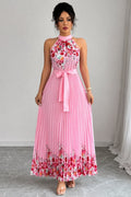 Nuvara | Cayetana | Vestido Largo Plisado Floral Mujer Halter Cinturón